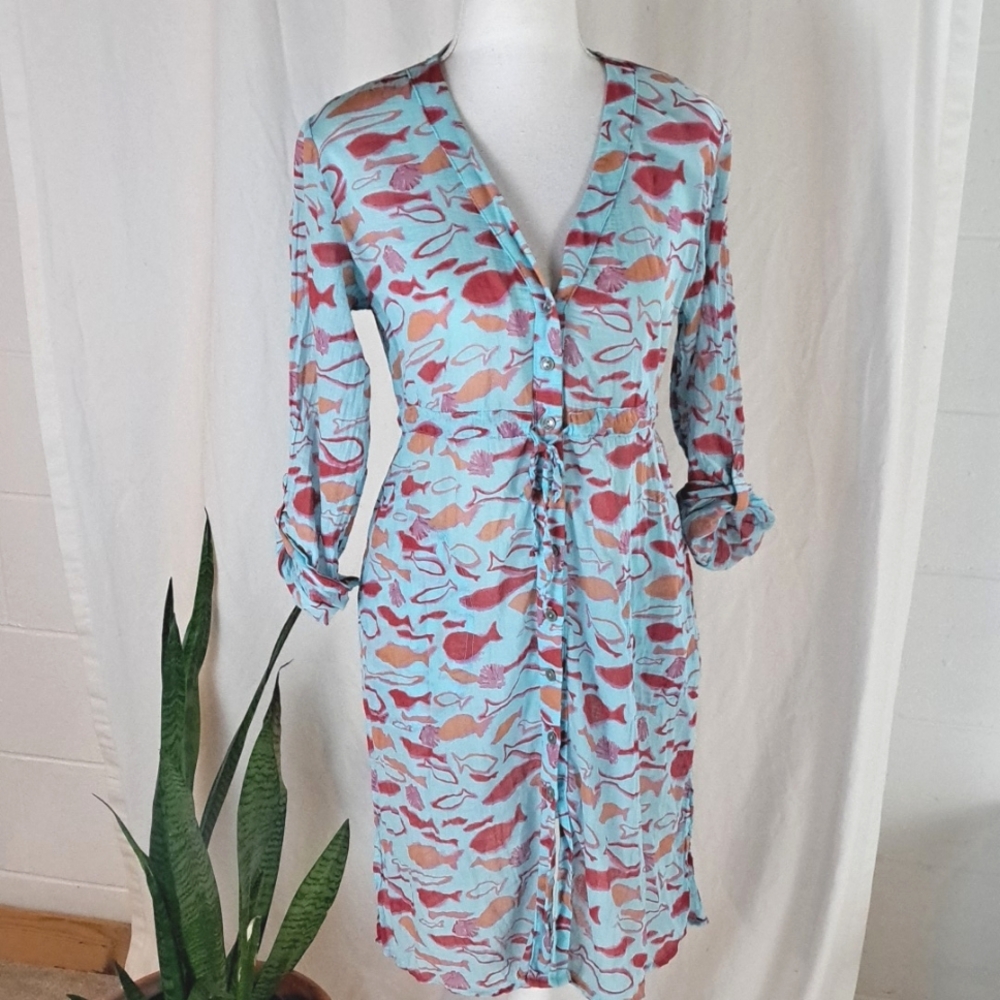 fresh produce Light Blue Midi Dress with Red and Coral Fish Print